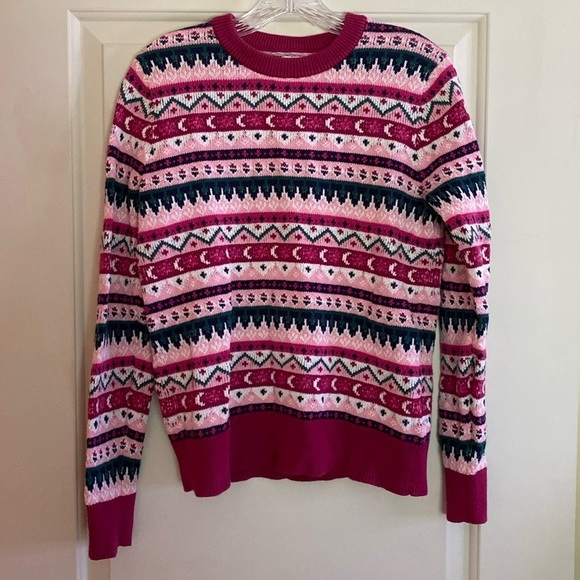 J Crew Pink Green Blue Fair Isle Cotton Crew Neck Sweater Size SMALL 2022 - Picture 1 of 9
